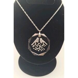 Vintage Hallmark Silver Tone Pendant Necklace, Crystal Etched Birds, 21"
